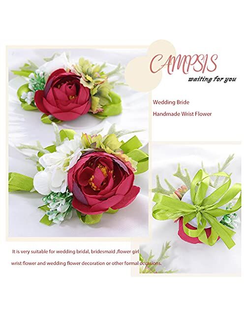 Campsis 2PCS Wedding Bridal Handmade Wrist Flower Corsage Red Artificial Leave Wrist Corsage Bride Bridesmaid Ribbon Hand Flower for Prom Party Beach Photography