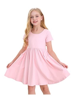 Stelle Toddler/Girls Short Sleeve Casual A-Line Twirly Skater Dress for School Party 3-12 Years