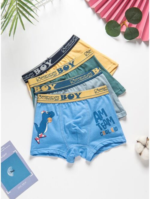 Shein Boys 4pcs Dinosaur & Basketball Print Letter Tape Topstitching Boxer Brief