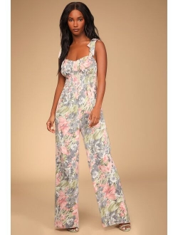 Exquisite Outing Ivory Floral Print Tie-Strap Wide-Leg Jumpsuit