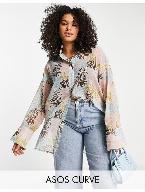 ASOS DESIGN Curve oversized sheer multi patch animal print shirt