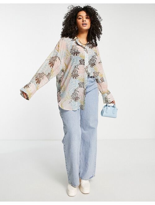 ASOS DESIGN Curve oversized sheer multi patch animal print shirt