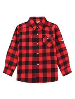 Bienzoe Boy's Warm Flannel Button Down Long Sleeve Plaid Shirt