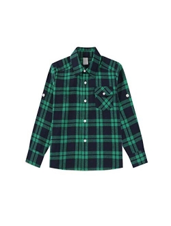 Bienzoe Boy's Warm Flannel Button Down Long Sleeve Plaid Shirt