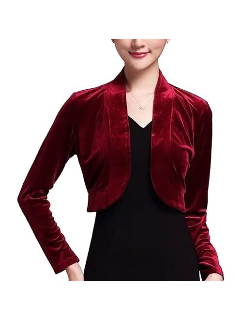 SeekMe Women's Long Sleeve Velvet Shrug for Dress Open Front Cropped Bolero Cardigan