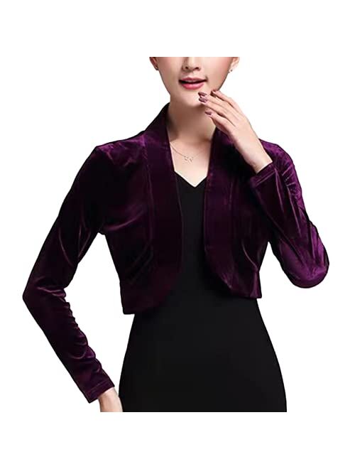 SeekMe Women's Long Sleeve Velvet Shrug for Dress Open Front Cropped Bolero Cardigan