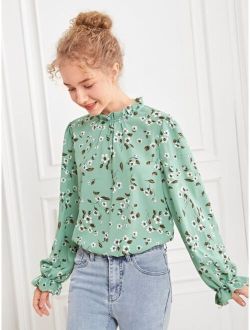 Teen Girls Floral Print Bishop Sleeve Keyhole Back Blouse