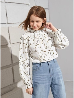 Teen Girls Floral Print Bishop Sleeve Keyhole Back Blouse