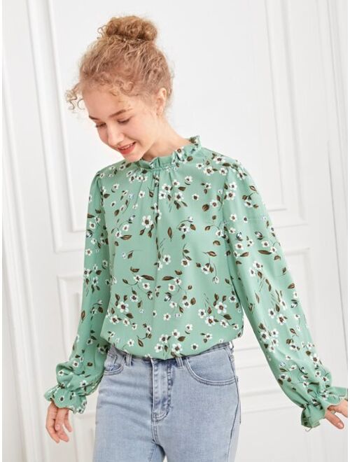 SHEIN Teen Girls Floral Print Bishop Sleeve Keyhole Back Blouse