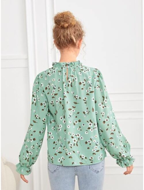 SHEIN Teen Girls Floral Print Bishop Sleeve Keyhole Back Blouse