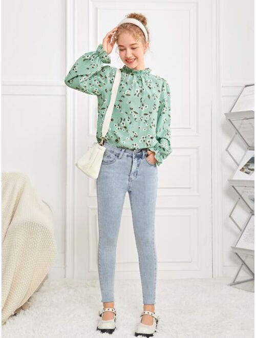 SHEIN Teen Girls Floral Print Bishop Sleeve Keyhole Back Blouse