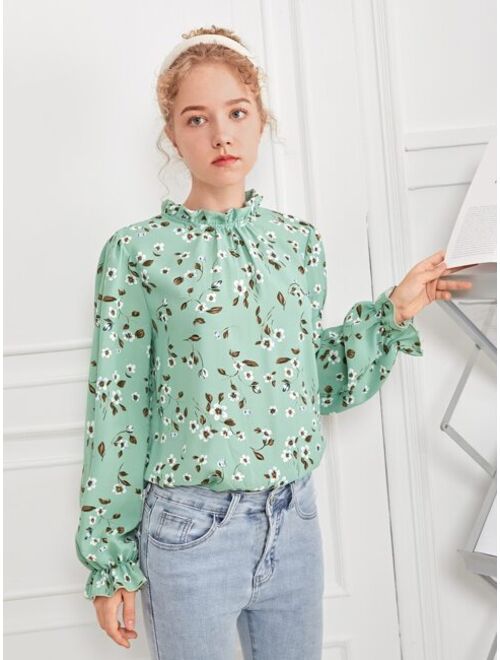 SHEIN Teen Girls Floral Print Bishop Sleeve Keyhole Back Blouse