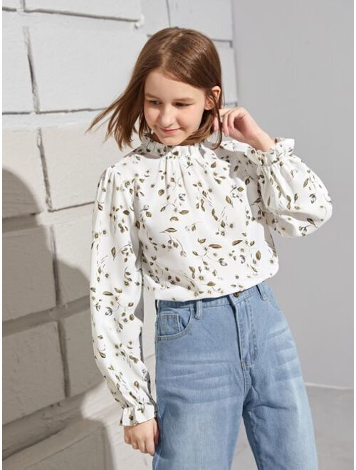 SHEIN Teen Girls Floral Print Bishop Sleeve Keyhole Back Blouse