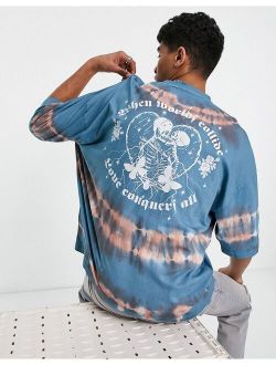 oversized T-shirt in blue tie dye with skeleton back print - BLACK