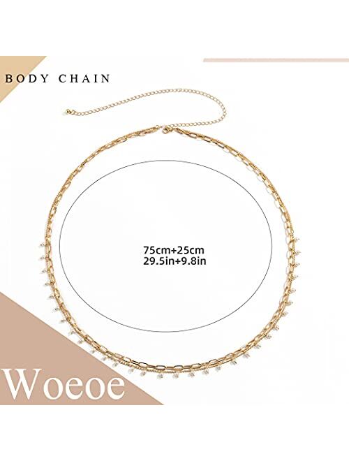 Woeoe Pearl Waist Chains Gold Layered Belly Body Chain Beach Summer Body Jewelry Accessiores for Women and Girls