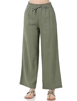 Womens Casual Linen Pants with Waist Drawstring and Side Pockets