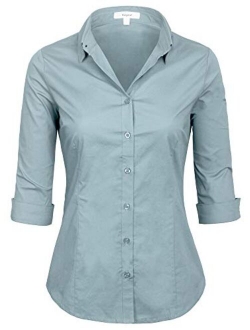 Womens Classic Solid 3/4 Sleeve Button Down Blouse Dress Shirt (S-3X)