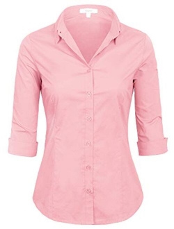 Womens Classic Solid 3/4 Sleeve Button Down Blouse Dress Shirt (S-3X)