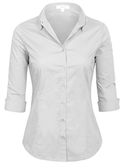 Womens Classic Solid 3/4 Sleeve Button Down Blouse Dress Shirt (S-3X)