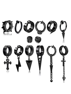 Pjwong 5 Pairs Black Stainless Steel Non-Piercing Spike Rivet Cross Dangle Tassel Clip on Hoop Earrings Set for Women Men Boy Girl, Non Pierced Fake Ear Clip Magnetic Stu