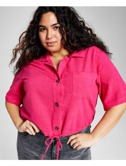 And Now This Plus Size Tie Front Woven Shirt