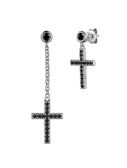 Aurora Tears Mens Small Cross Earrings ,925 Sterling Silver Earrings Dangle for Men Women,Crystal Drop Cross Hoop Earrings Fashion Earrings Jewelry