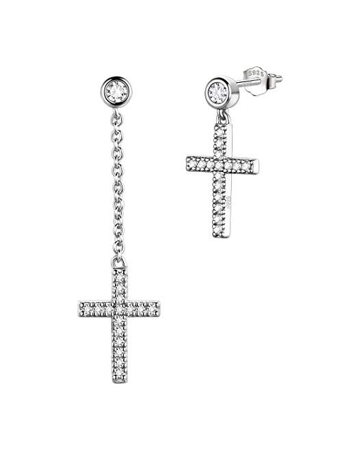 Aurora Tears Mens Small Cross Earrings ,925 Sterling Silver Earrings Dangle for Men Women,Crystal Drop Cross Hoop Earrings Fashion Earrings Jewelry