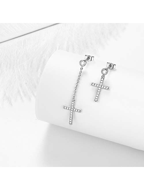 Aurora Tears Mens Small Cross Earrings ,925 Sterling Silver Earrings Dangle for Men Women,Crystal Drop Cross Hoop Earrings Fashion Earrings Jewelry