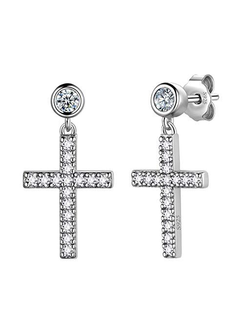 Aurora Tears Mens Small Cross Earrings ,925 Sterling Silver Earrings Dangle for Men Women,Crystal Drop Cross Hoop Earrings Fashion Earrings Jewelry