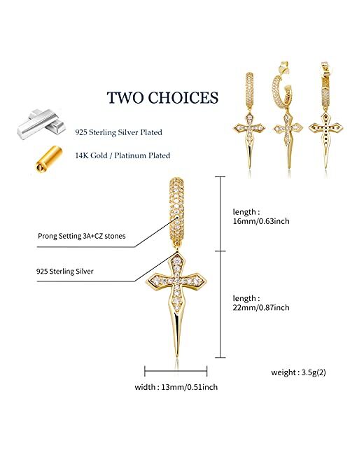 TOPGRILLZ Cross Long Cuffs & Wraps Dangle Drop 925 Sterling Silver Iced Out Hypoallergenic Half Hoop Earrings hanging CZ Diamond Stud Back Spike Earrings For Men Women Fa