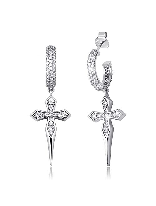 TOPGRILLZ Cross Long Cuffs & Wraps Dangle Drop 925 Sterling Silver Iced Out Hypoallergenic Half Hoop Earrings hanging CZ Diamond Stud Back Spike Earrings For Men Women Fa