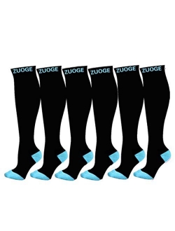 Zuoge 6 Pairs Compression Socks Pack - Best Nursing, Medical,Travel & Flight Socks - Running & Fitness - 15-20mmHg