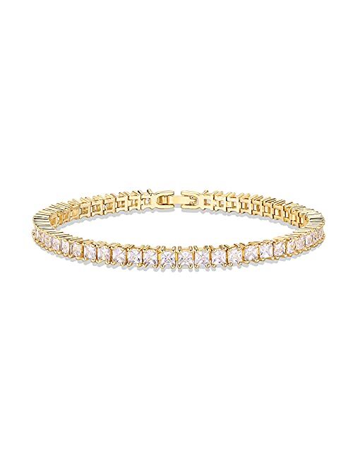 PAVOI 14K Gold Plated Princes Cut Cubic Zirconia Classic Tennis Bracelet | Gold Bracelets for Women | 3mm CZ, Size 6.5-7.5 Inch