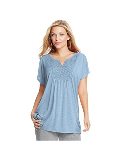 Short-Sleeve Slub-Jersey Tunic with Split V-Neck Crochet Bib Yoke (OJ248)