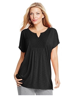 Short-Sleeve Slub-Jersey Tunic with Split V-Neck Crochet Bib Yoke (OJ248)