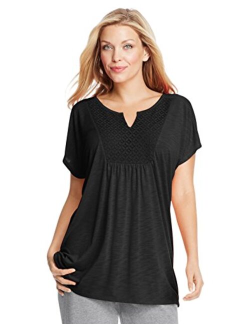 Just My Size Short-Sleeve Slub-Jersey Tunic with Split V-Neck Crochet Bib Yoke (OJ248)