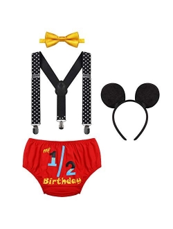 Imekis Baby Boys Half 1st 2nd Birthday Cake Smash Outfit Diaper Cover + Suspenders + Bowtie + Headband for Photo Props