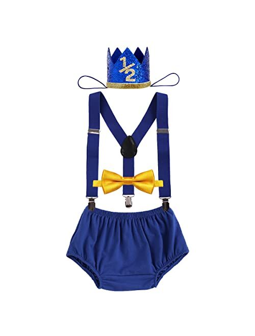 Imekis Baby Boys Half 1st 2nd Birthday Cake Smash Outfit Diaper Cover + Suspenders + Bowtie + Headband for Photo Props