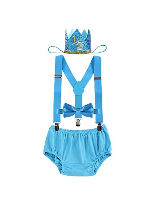 Imekis Baby Boys Half 1st 2nd Birthday Cake Smash Outfit Diaper Cover + Suspenders + Bowtie + Headband for Photo Props