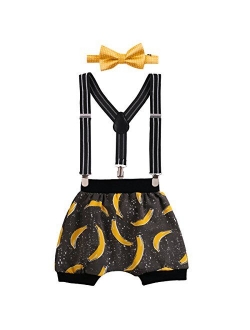 Iwemek Baby Boys Kids First Birthday Cake Smash Outfits Adjustable Strong Clips Suspenders Pretied Bowtie Bloomers Clothes set