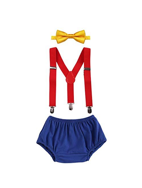 Iwemek Baby Boys Kids First Birthday Cake Smash Outfits Adjustable Strong Clips Suspenders Pretied Bowtie Bloomers Clothes set