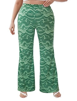 Women's Print Elastic High Waisted Flare Leg Marble Bell Bottom Pants