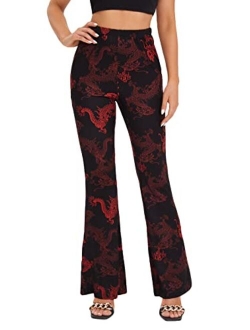 Women's Print Elastic High Waisted Flare Leg Marble Bell Bottom Pants