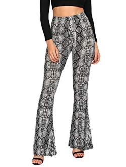 Women's Print Elastic High Waisted Flare Leg Marble Bell Bottom Pants