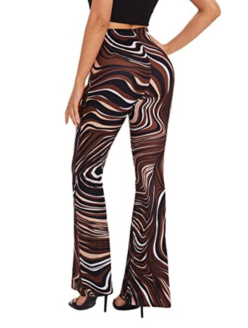 SOLY HUX Women's Print Elastic High Waisted Flare Leg Marble Bell Bottom Pants