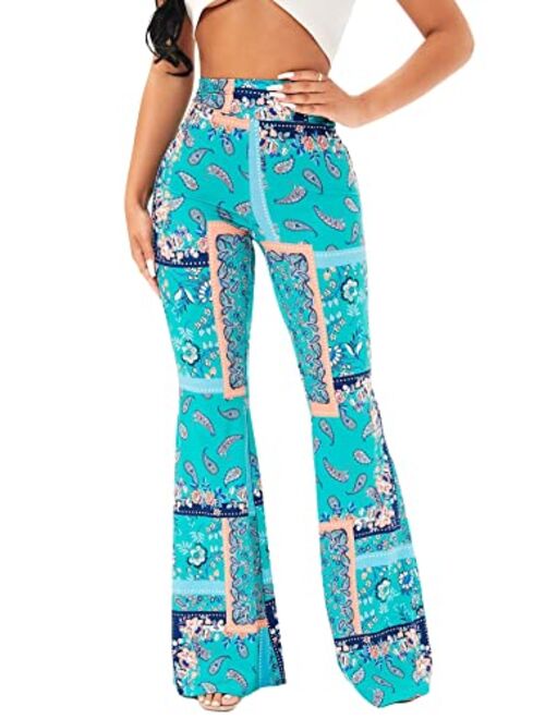 SOLY HUX Women's Print Elastic High Waisted Flare Leg Marble Bell Bottom Pants