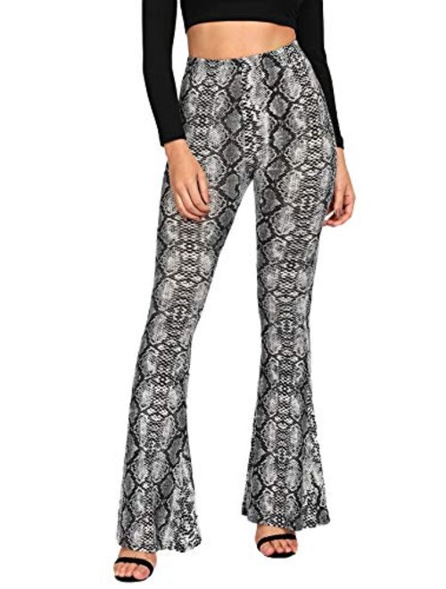 SOLY HUX Women's Print Elastic High Waisted Flare Leg Marble Bell Bottom Pants