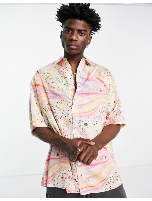 ASOS DESIGN boxy oversized satin shirt in pink marble print