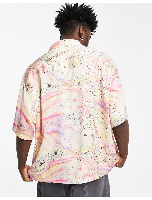 ASOS DESIGN boxy oversized satin shirt in pink marble print