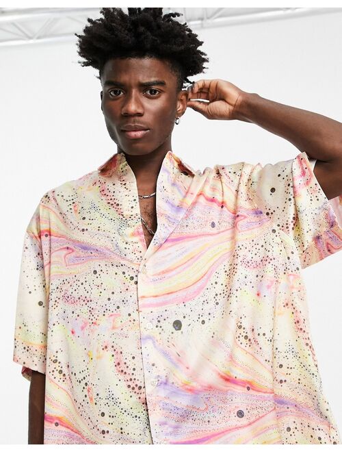 ASOS DESIGN boxy oversized satin shirt in pink marble print